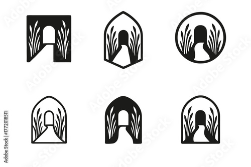 Whispering Corridor Logos. Whispering corridor. Set Logo of Whispering corridor: reed-lined walkway. harmonious logo variations of the same emblematic concept,