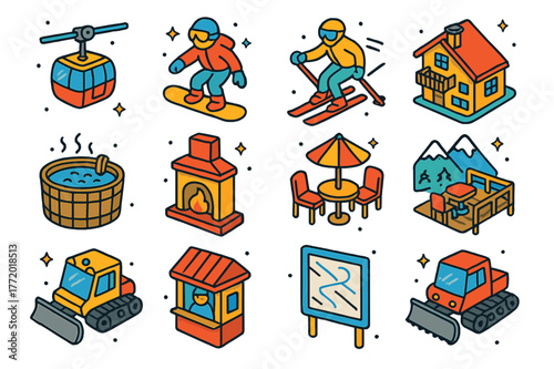 Alpine Resort Icons. Alpine resort. Colorful isometric vector icons set of alpine resort: ski lift, snowboarder, skier, chalet, hot tub, fireplace, restaurant,