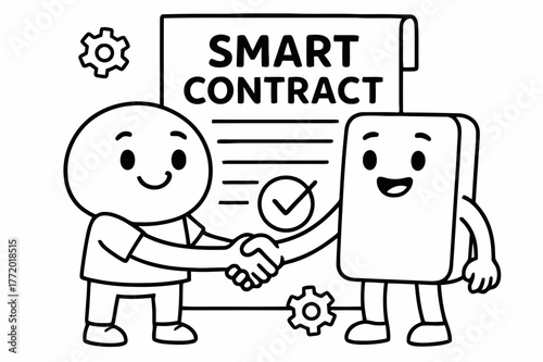 Smart Contract Friends. Smart contracts children?s coloring book illustration, outlined drawing, two friendly characters shaking hands beside a big document