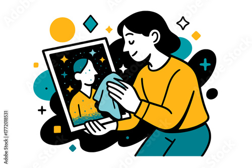 Clearing Dust Memories. Dusty Photograph. Person gently cleaning a dusty photograph with floating abstract geometric particles and soft highlights, reflective