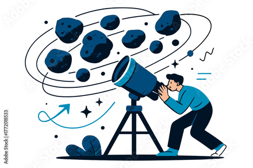 Asteroid Belt Exploration. Asteroid belt studies. Telescope pointing towards asteroid belt with floating asteroids and abstract orbit lines; conveys astronomy,