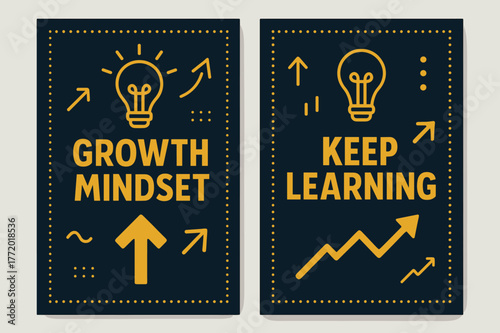Growth Mindset Banners. Growth mindset. Two vertical A6 banners with safe margins, centered composition, no elements touching edges, bold, navy and gold,