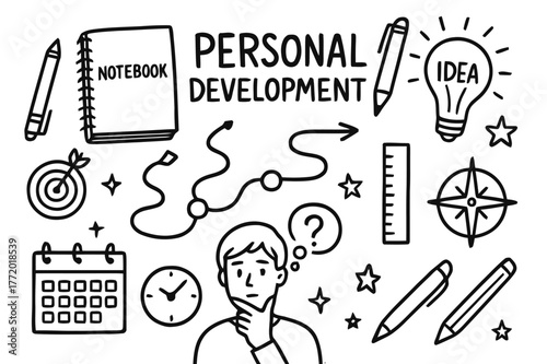 Personal Growth Doodles. Personal Development. Hand-drawn doodle illustration Personal Development notebook, roadmap, person thinking, pen, pencil, arrows,