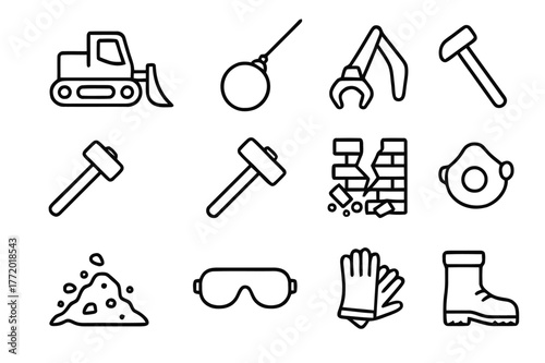 Demolition Icons Grid. Demolition work. Line icon set of demolition: bulldozer, wrecking ball, excavator claw, hammer, sledge, broken wall, debris pile, safety