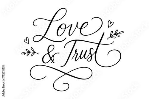 Love & Trust Design. Love & Trust ? brush script hand-lettering with fluid semi-cursive strokes, thin connectors, soft brush flicks; composition: centered;