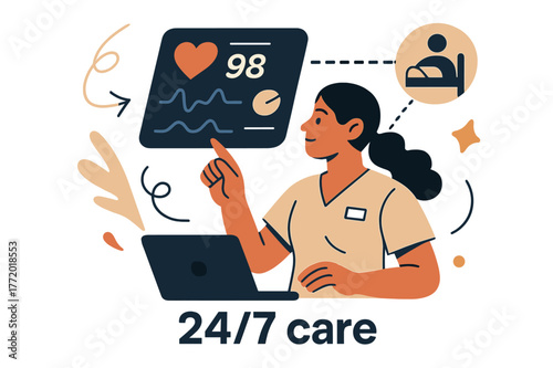 Remote Healthcare Monitoring. Healthcare Tech ? Remote Monitoring. A nurse watches a floating dashboard with live vitals; thin pulse lines connect to a patient