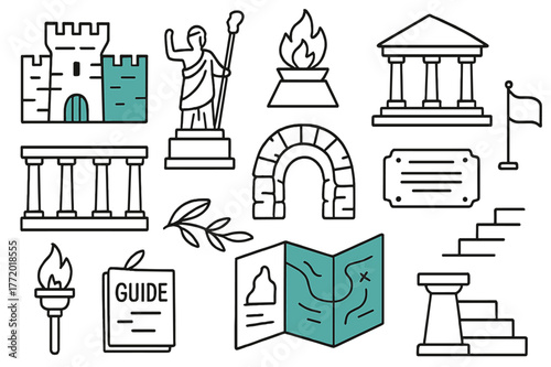 Historic Monuments Doodle. // Historic monuments. Hand-drawn doodle illustration Historic monuments [fortress (accented), statue (accented), memorial flame