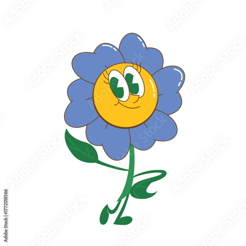 Retro Cartoon Blue Flower Groovy Character with Face and Limbs Illustration