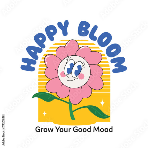 Retro Cartoon Bloom with Happy Face and Typography Graphic Design