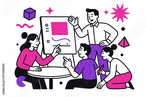 Creative Team Collaboration. Team Leaders Guiding Teams in Creative Projects. Team collaborating on a design board with leader giving directions, floating