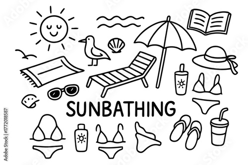 Beach Relaxation Doodles. Sunbathing. Hand-drawn doodle illustration sunbathing lounge chair, towel, umbrella, sunglasses, sunscreen, bikini, sandals, drink