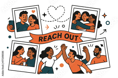 Community Connections. Vision Board ? Relationships & Community. Polaroids show shared moments; dotted heart lines connect photos in a loop. Caption ?Reach