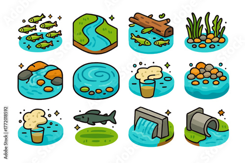 Colorful Freshwater Icons. Freshwater shoals. Colorful isometric vector icons set of Freshwater shoals: minnow shoal, river bend habitat, submerged log