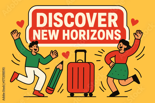 Explore New Horizons. Discover new horizons banner, flat vector illustration, bold oversized text inside sticker outline, cartoon characters dancing and