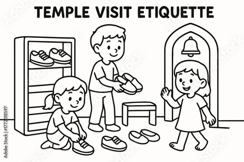 Temple Etiquette Coloring Page. Temple visit etiquette children?s coloring book illustration, outlined drawing, visitors removing shoes and placing them on a