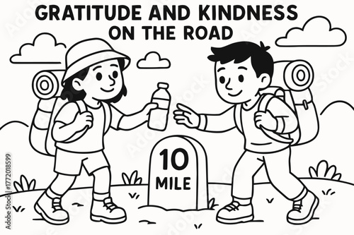 Kindness on the Road. Gratitude and kindness on the road children?s coloring book illustration, outlined drawing, travelers sharing water and helping each