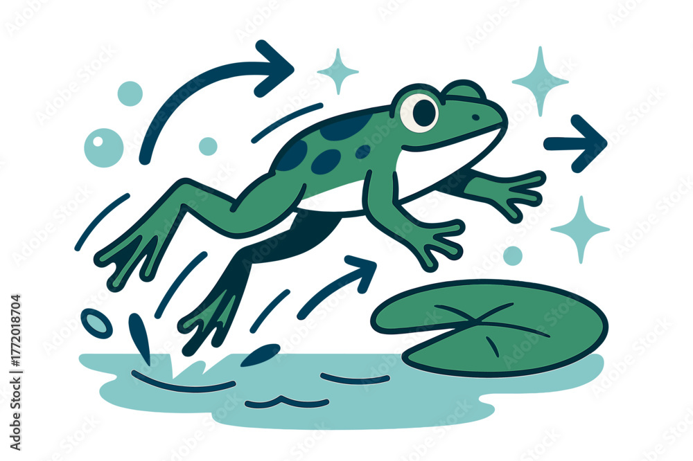 Obraz premium Froglet's Leap. Frog lifecycle. Froglet jumping from pond water onto lily pad with abstract floating arrows, bubbles, and sparkles; conveys transition, growth,