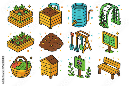 Urban Garden Icons. Urban community gardens. Colorful isometric vector icons set of Urban community gardens: raised beds, compost bin, rain barrel, seedling