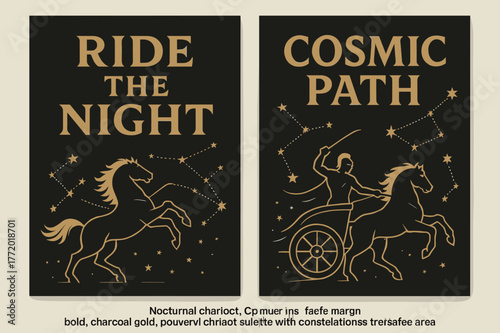 Nocturnal Chariot Banners. Nocturnal Chariot. Two vertical A6 banners with safe margins, centered composition, no elements touching edges, bold, charcoal and