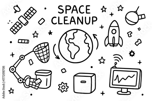 Space Debris Cleanup. Space cleanup. Hand-drawn doodle illustration space cleanup robot arm, net, satellite, collection pod, Earth, debris pieces, orbit