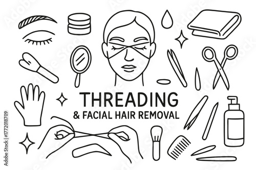 Threading Essentials Icons. Threading and facial hair removal. Hand-drawn doodle illustration Threading and facial hair removal cotton thread, eyebrow shape,