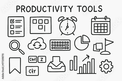 Productivity Tools Doodle. Productivity tools. Hand-drawn doodle illustration productivity tools checklist, kanban board, timer, calendar, pie chart, bar