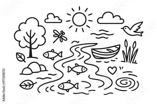 Serene River Doodles. River calmness. Hand-drawn doodle illustration river calmness flowing water, rocks, tree, leaf, fish, boat, reeds, dragonfly, bird,