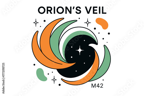 Orion's Veil Illustration. Orion?s Veil. Layered plumes curve around a dark core; ?M42? hovers in thin type with tiny star crosshairs. Dust filaments sweep in