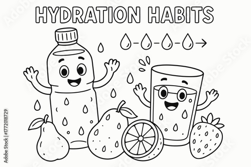 Happy Hydration Fun. Hydration habits children?s coloring book illustration, outlined drawing, a happy water bottle and glass cheering beside fruits with water