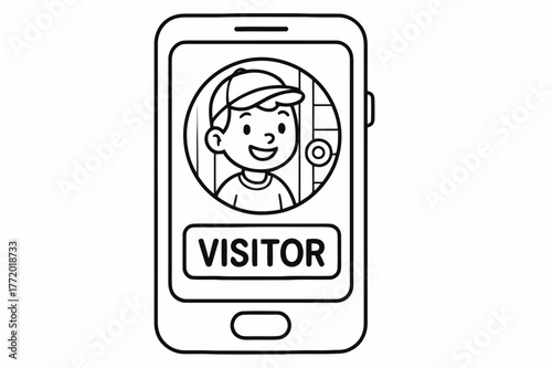 Doorbell Camera Coloring. Doorbell camera notification children?s coloring book illustration, outlined drawing, a phone with a round doorbell cam preview and a