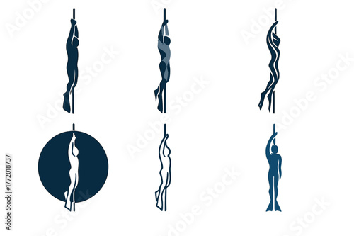 Diverse Freediving Logos. Freediving. Set Logo of Freediving: diver along descent line. harmonious logo variations of the same emblematic concept, each with