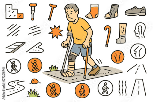 Hobbled Steps Illustration. Hobbled step. Hand-drawn doodle illustration person walking (colored), uneven stride (colored), crutch (colored), cane (colored),