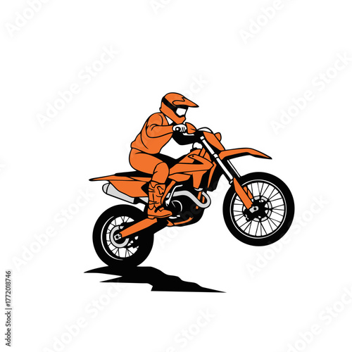 Vibrant illustration of a motocross rider in orange gear, performing an electrifying jump on a dirt bike, embodying the thrill of off-road sport and extreme adventure