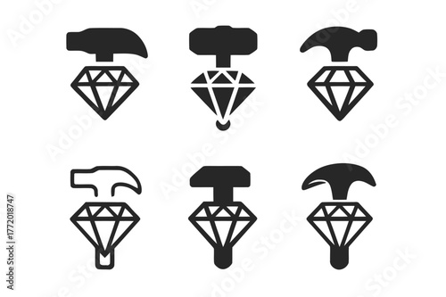 Artisan Jewelry Logos. Local artisan jewelry. Set Logo of Local artisan jewelry: hammer and gem symbol. harmonious logo variations of the same emblematic