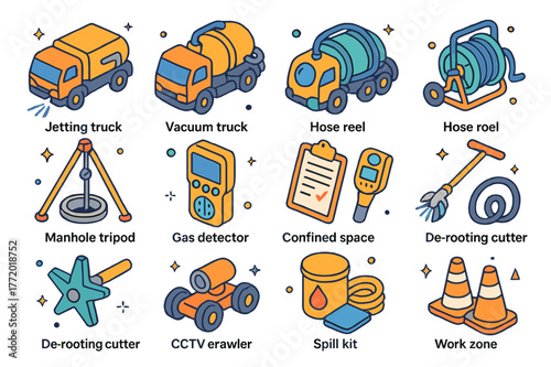 Sewer Maintenance Icons. Sewer maintenance operations. Colorful isometric vector icons set of Sewer maintenance operations: jetting truck, vacuum truck,