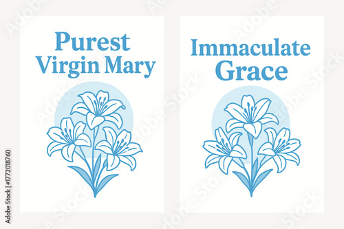 Lily-Crowned Serenity. Immaculate Purity. Two vertical A6 banners with safe margins, centered composition, no elements touching edges, flat vector design,