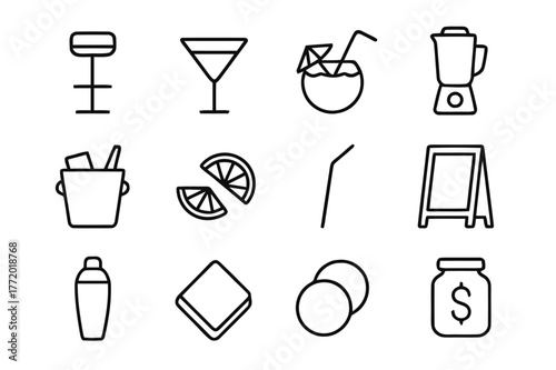 Pool Bar Icons. Pool Bar. Line icon set of Pool Bar: bar stool, cocktail glass, coconut drink, blender, ice bucket, fruit garnish, straw, menu board, shaker,