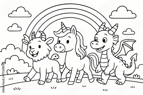Chimera's Magical Journey. Chimera and friends adventure children?s coloring book illustration, outlined drawing, a cheerful chimera walking side by side with