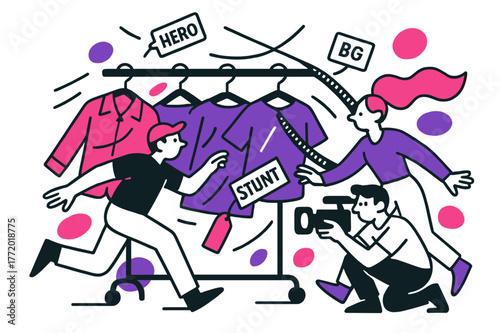 Costume Rack Chaos. Behind-the-scenes filming ? Costume rack rush. Hangers swing like pendulums; tags ?HERO?, ?STUNT?, ?BG? flutter. A zipper line zips across