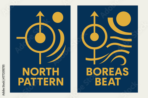 Polar Rhythm Banners. Polar Rhythm. Two vertical A6 banners with safe margins, centered composition, no elements touching edges, bauhaus, deep blue and gold,
