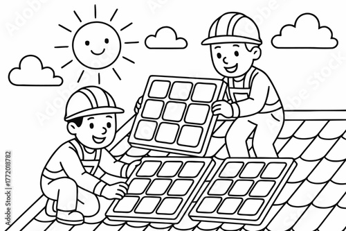 Solar Rooftop Coloring Fun. Solar panel installations children?s coloring book illustration, outlined drawing, smiling workers placing solar panels on a sunny