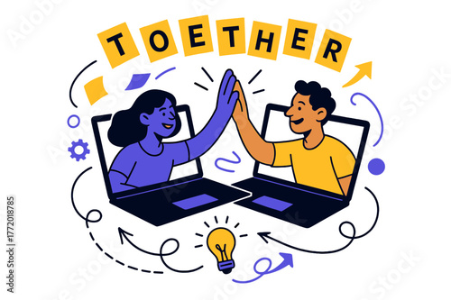 Virtual Team Synergy. Remote collaboration. Laptops float in a circle as avatars high-five across screens; dotted lines show ideas rushing around. Sticky notes