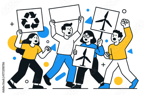Vibrant Environmental Protest. Environmental Protests. People holding up recycling and green energy signs with floating abstract geometric shapes, engaged and