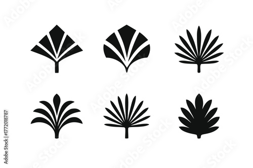 Palm Frond Logos. Palm frond. Set Logo of Palm frond: fan-shaped leaf segment. harmonious logo variations of the same emblematic concept, each with different