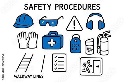 Safety Equipment Doodles. // Safety procedures. Hand-drawn doodle illustration Safety procedures [hard hat (accented), safety glasses (accented), gloves, ear