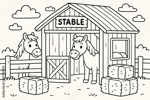 Friendly Horse Stable. Horse stable in the West children?s coloring book illustration, outlined drawing, small stable with friendly horses and hay bales,