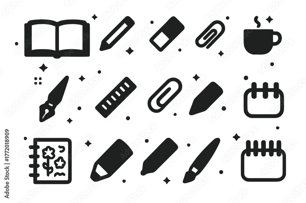 Fototapeta premium Black Sketchbook Icons. Sketchbook. Solid icons set of Sketchbook: open sketchbook, pencil, eraser, paintbrush, ink pen, ruler, paper clip, coffee cup, doodle