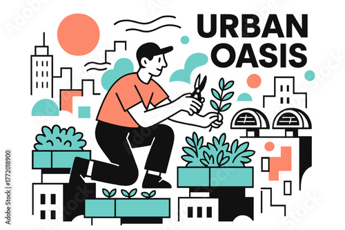 Urban Rooftop Oasis. Green infrastructure ? Rooftop gardens. City skyline hums as modular planters hover; a gardener snips herbs, wind lines swirl. ?URBAN