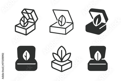 Eco Jewelry Logo Variations. Eco jewelry packaging. Set Logo of Eco jewelry packaging: jewelry box with leaf emblem. harmonious logo variations of the same