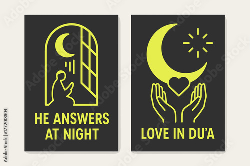 Nighttime Prayer Banners. Night Prayers. Two vertical A6 banners with safe margins, centered composition, no elements touching edges, geometric, charcoal and